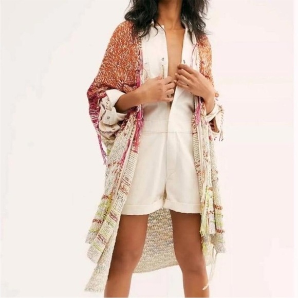 Free People Skies The Limit Cardigan Desert Dream Combo Longline Fringe Sz S - Picture 2 of 16